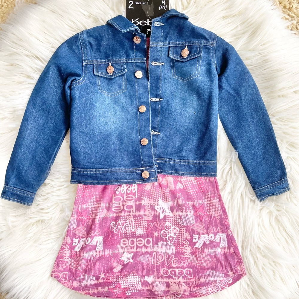 New with tags 2Piece Set BEBE GIRLS DENIM JACKET & Pink Logo Dress size M5-6